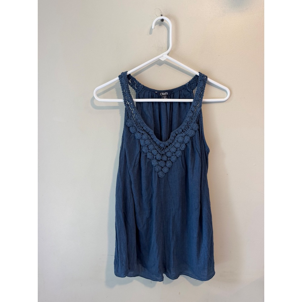 Chaps Denim Womens Blue Crochet Lace Trim V-Neck Sleeveless Tank Top Small